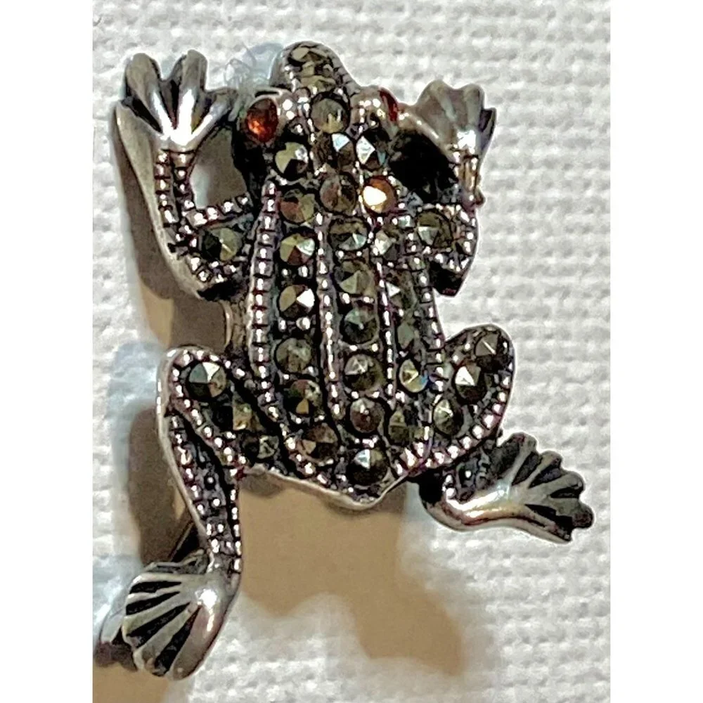 Vintage Two Silver‎ Marcasite Frog Pins with Red Glass Eyes